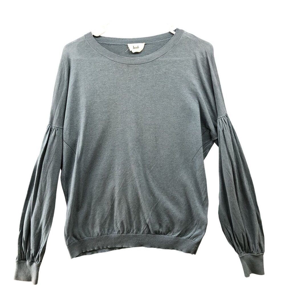 Hush UK Linen Blend Sweater Womens‎ S Lantern Sleeve Pleated Crewneck Blue
